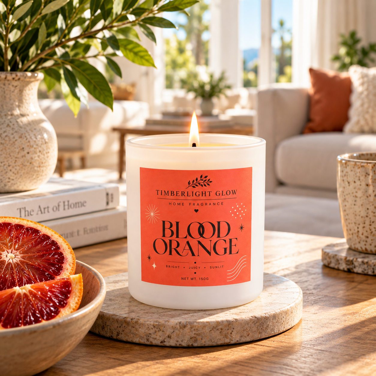Blood Orange candle with sliced blood orange in a bright sunlit home interior.