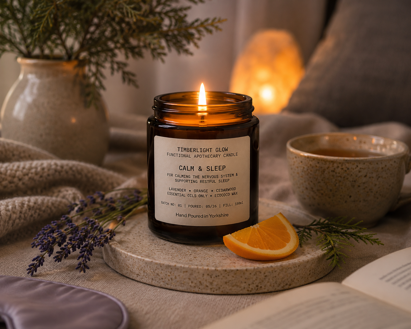 TimberLight Glow Calm & Sleep aromatherapy candle with lavender, sweet orange and cedarwood botanicals.