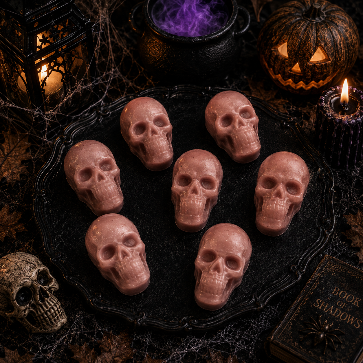 Pink skull-shaped Halloween wax melts with pumpkins, candles and cobwebs
