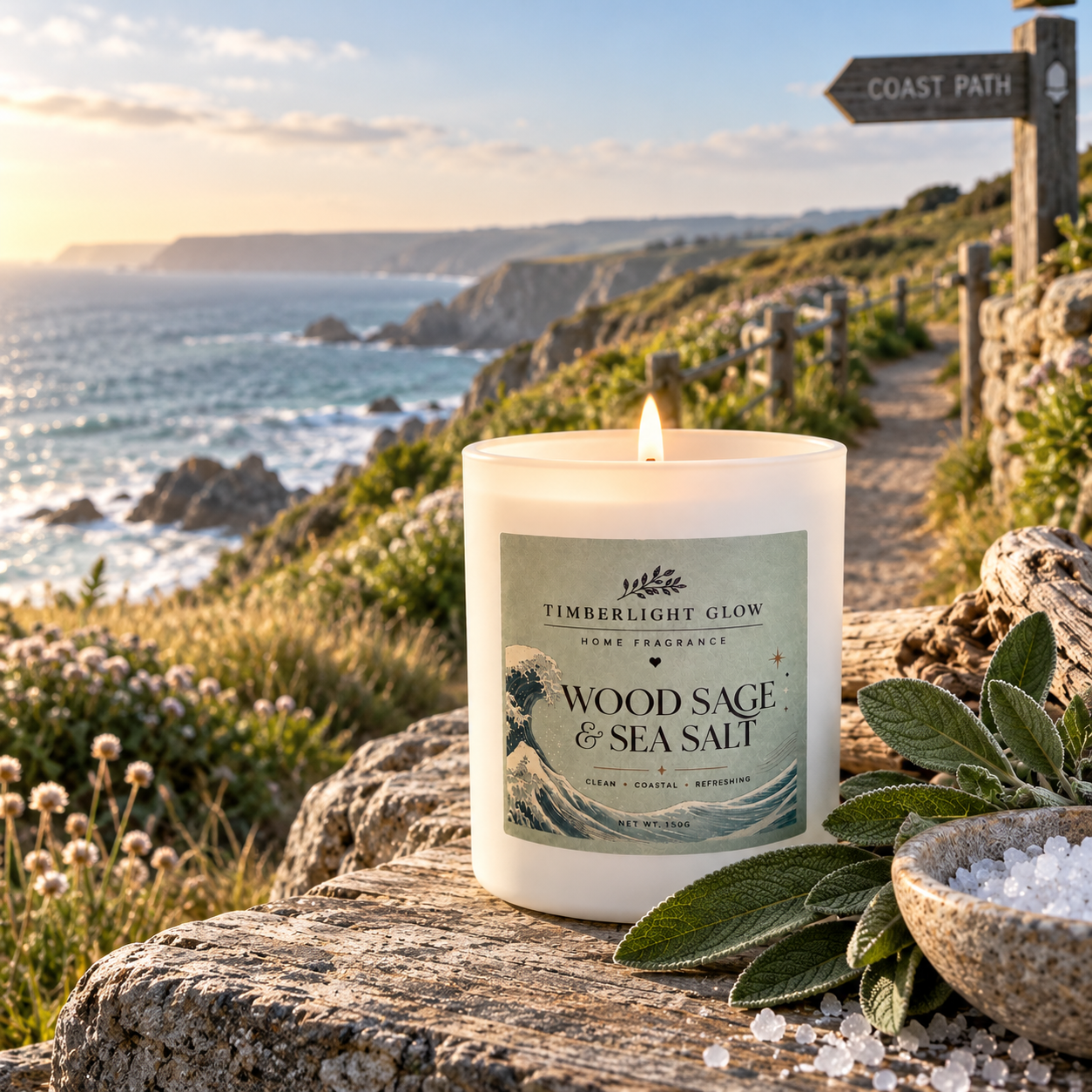 Wood Sage & Sea Salt candle with sage and sea salt on a scenic coastal path