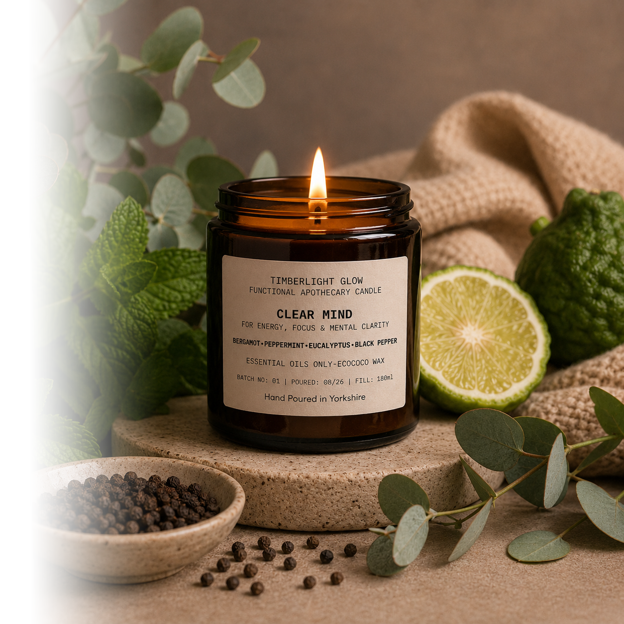 TimberLight Glow Clear Mind functional apothecary candle in an amber glass jar.