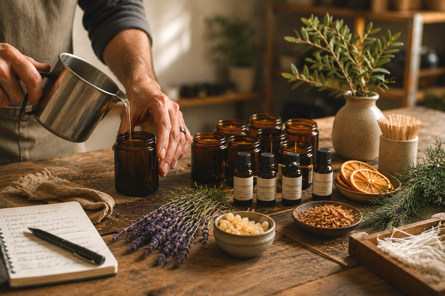Hand-pouring TimberLight Glow aromatherapy candles using amber glass jars, natural wax, essential oils and botanicals on a wooden workbench.