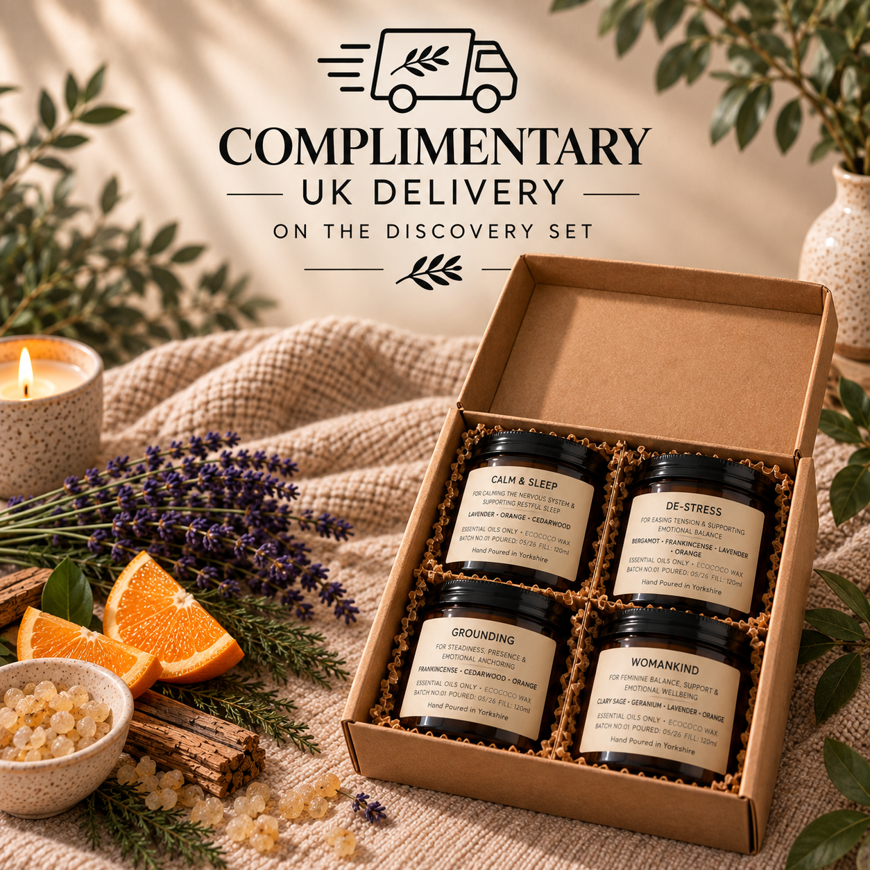 imberLight Glow Discovery Set with four 120ml aromatherapy candles in a kraft gift box with complimentary UK delivery.