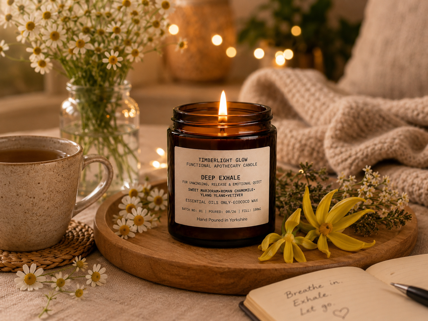 Lit TimberLight Glow Deep Exhale aromatherapy candle displayed on a wood tray with a cup of chamomile tea, Roman chamomile foliage and soft neutral textiles in a calm living room.