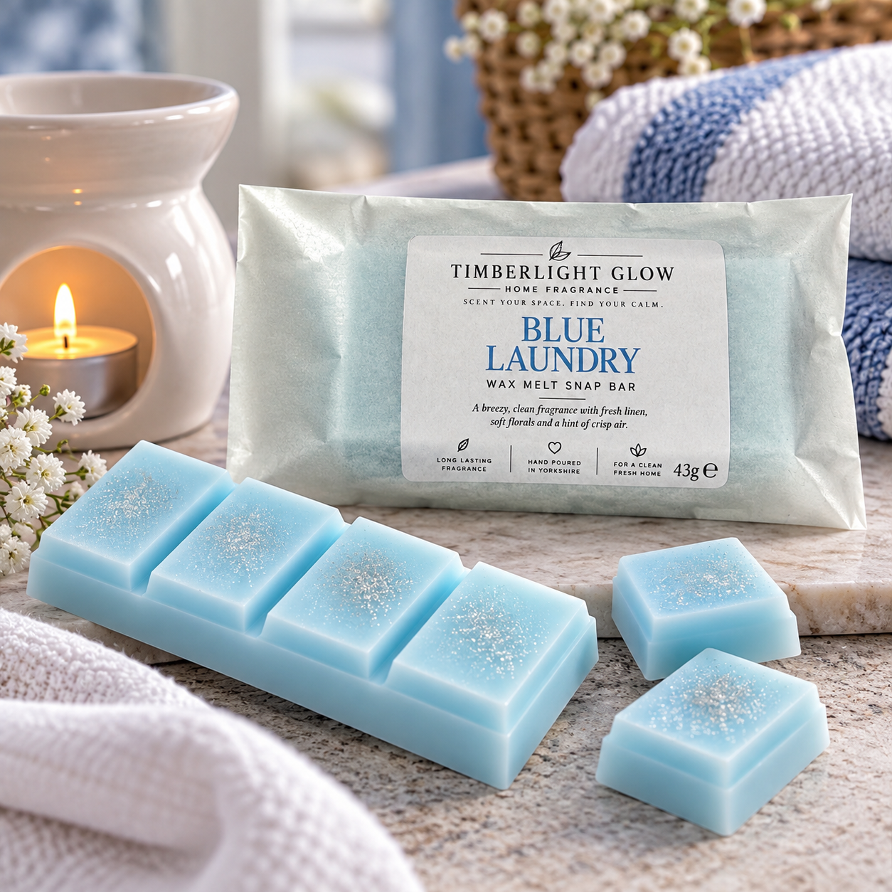TimberLight Glow Blue Laundry wax melt snap bar with individual blue wax melt pieces, styled with fresh flowers and blue-and-white towels.
