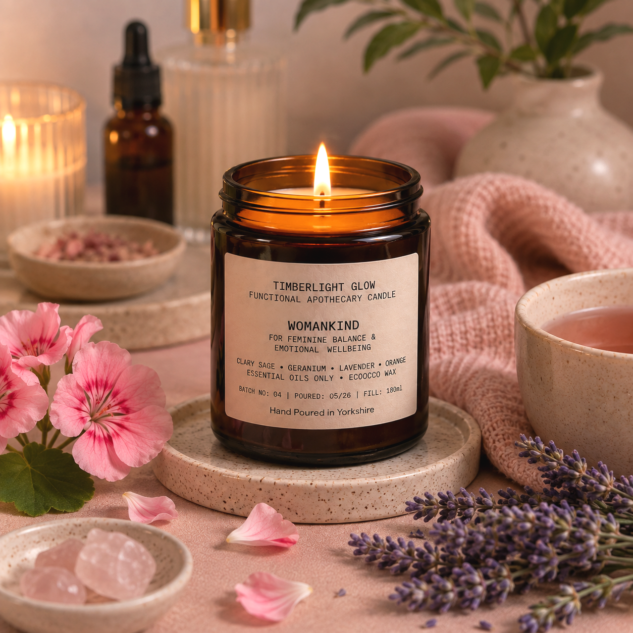 WomanKind candle ingredients including clary sage, geranium and lavender essential oils.