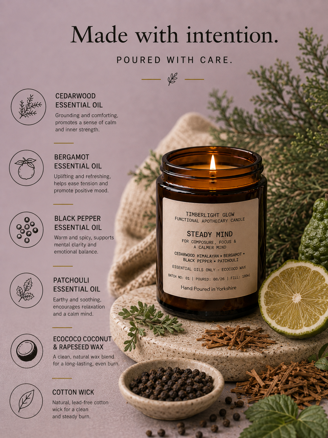 TimberLight Glow Steady Mind functional apothecary candle in an amber glass jar.