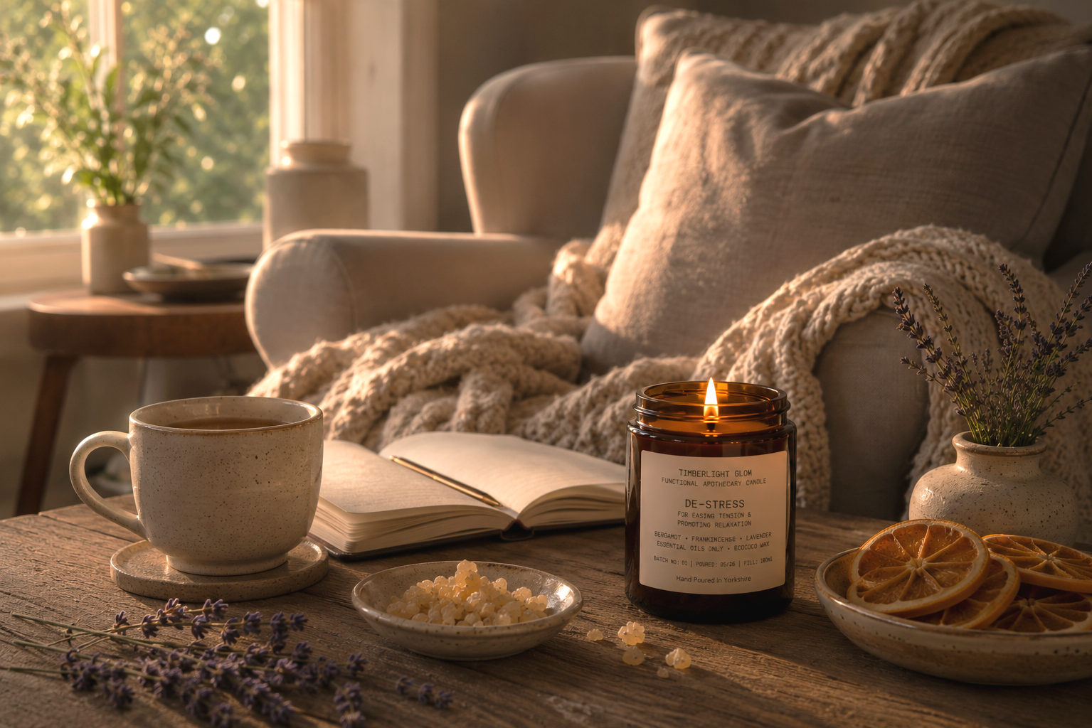 Lit TimberLight Glow De-Stress aromatherapy candle in a cosy living room with a comfortable armchair, herbal tea, dried orange slices and lavender in warm afternoon light.