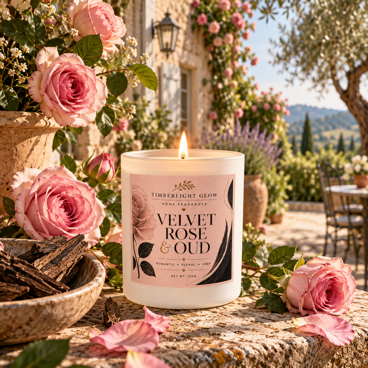 Velvet Rose & Oud candle with pink roses and oud wood in a sunlit garden setting
