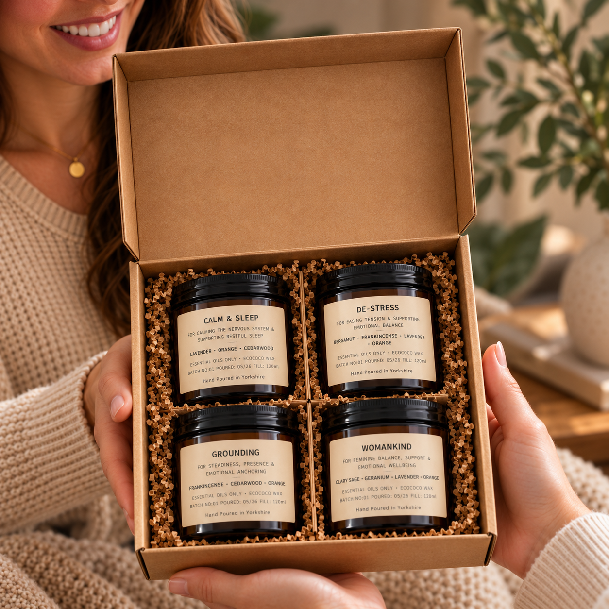 Woman holding the TimberLight Glow Discovery Set featuring four 120ml aromatherapy candles presented in an open kraft gift box.