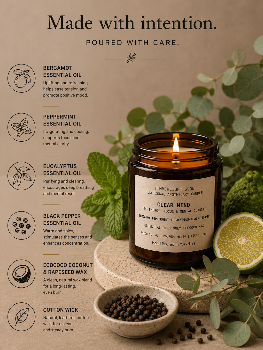 TimberLight Glow Clear Mind functional apothecary candle in an amber glass jar.
