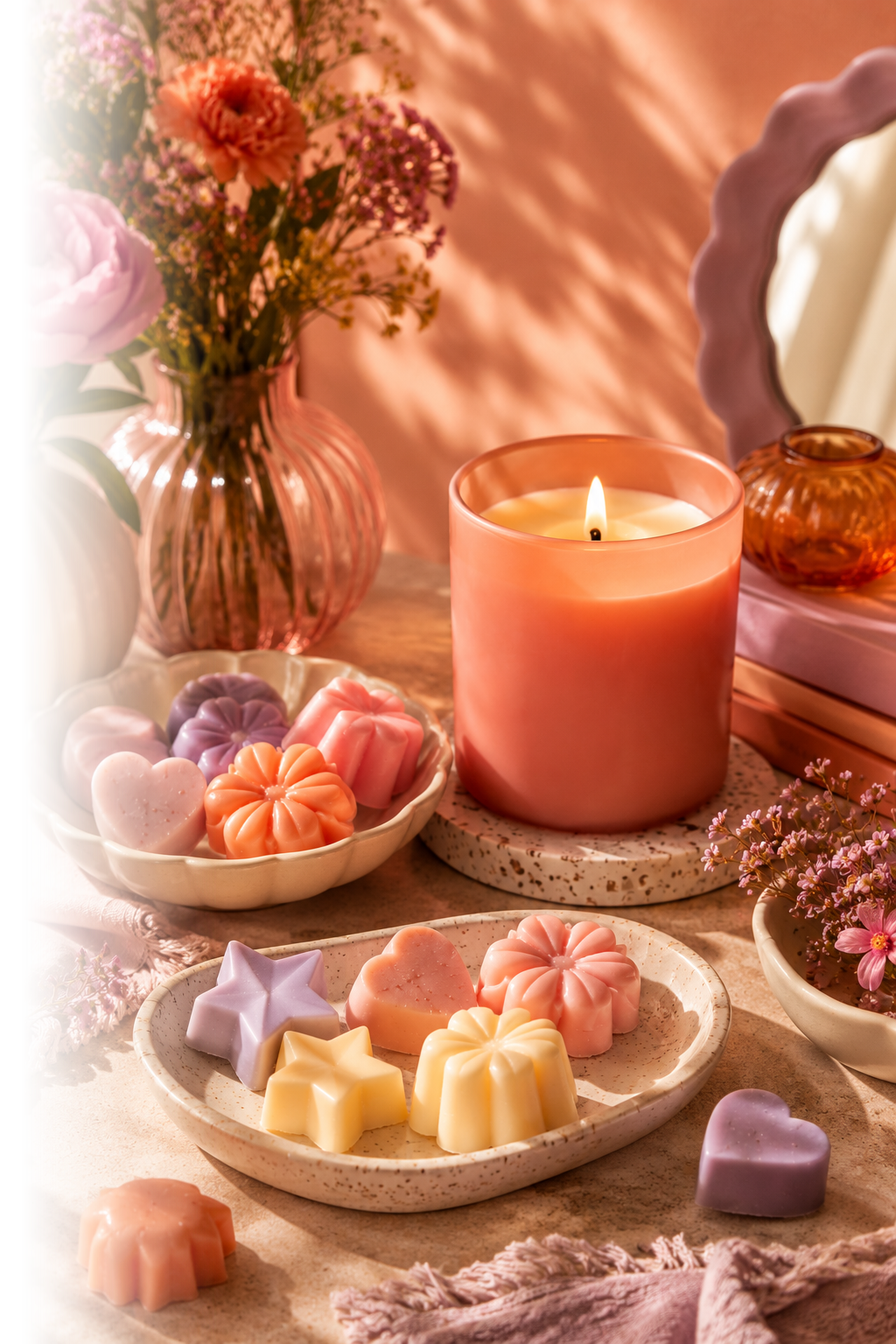 A lit pink candle surrounded by pastel-colored heart and star-shaped candles on speckled ceramic plates, with a vase of pink and purple flowers, and a pink mirror in the background.