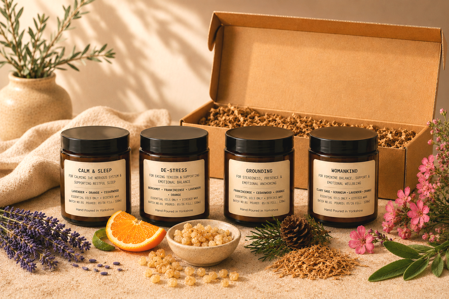 Open discovery gift box with four TimberLight Glow aromatherapy candles, surrounded by lavender, orange, frankincense, cedar and geranium botanicals.