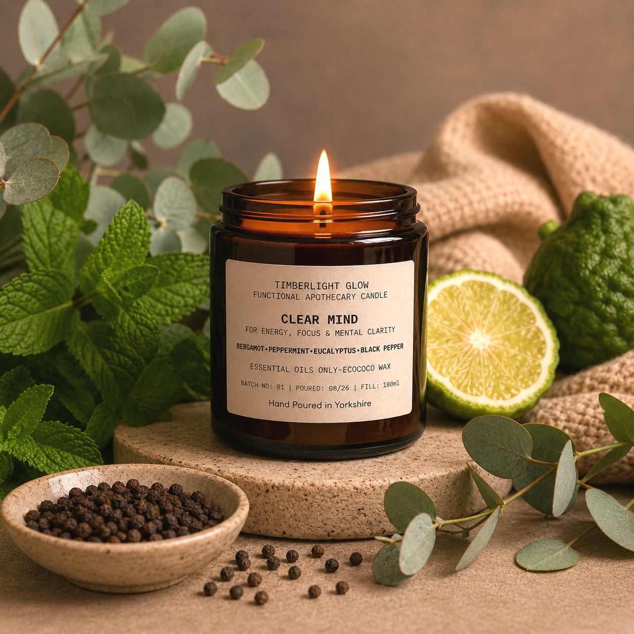 Lit TimberLight Glow Clear Mind aromatherapy candle with bergamot, peppermint, eucalyptus and black pepper botanicals.