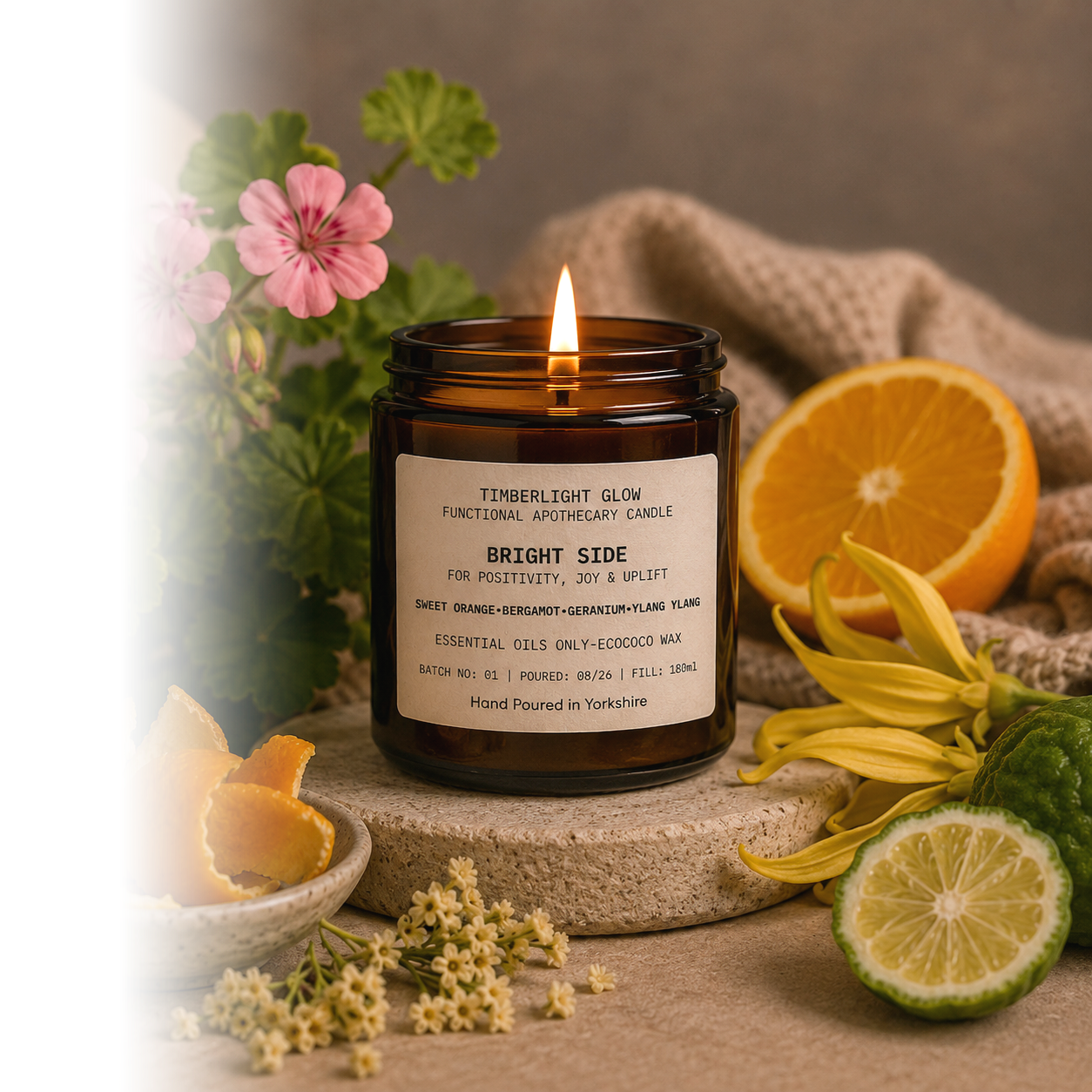 Lit TimberLight Glow Bright Side aromatherapy candle with sweet orange, bergamot, geranium and ylang ylang botanicals.