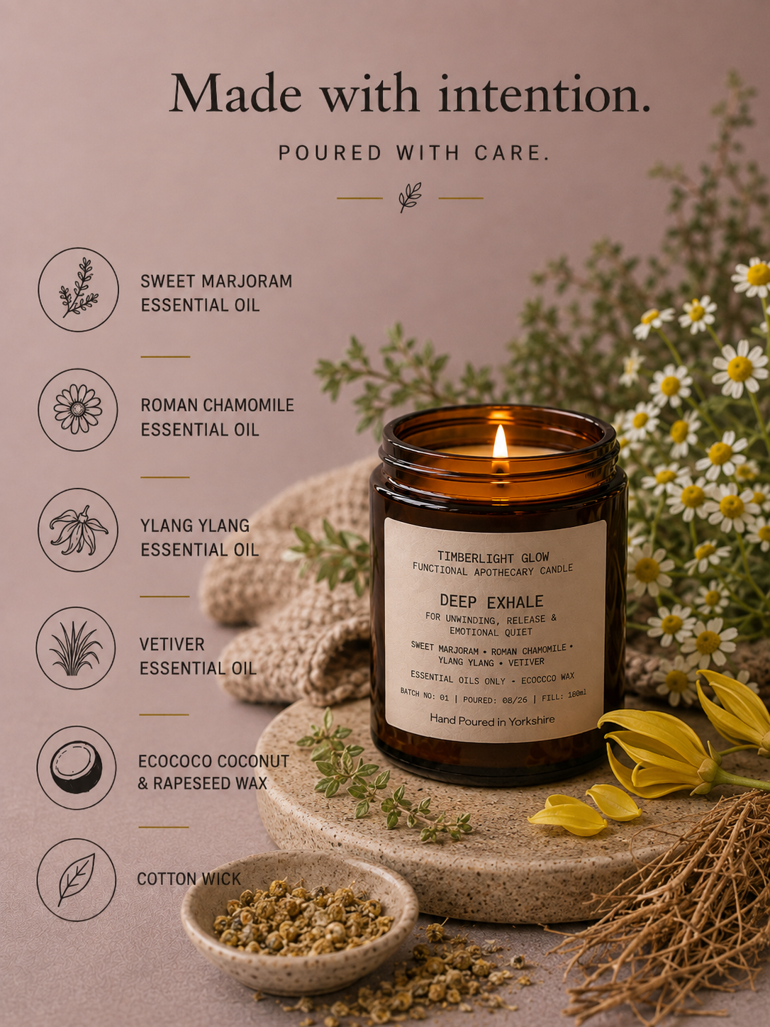 Deep Exhale candle ingredients including sweet marjoram, Roman chamomile, ylang ylang and vetiver essential oils.