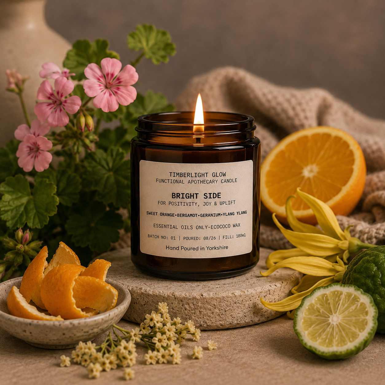 TimberLight Glow Bright Side aromatherapy candle with sweet orange, bergamot, geranium and ylang ylang botanicals.