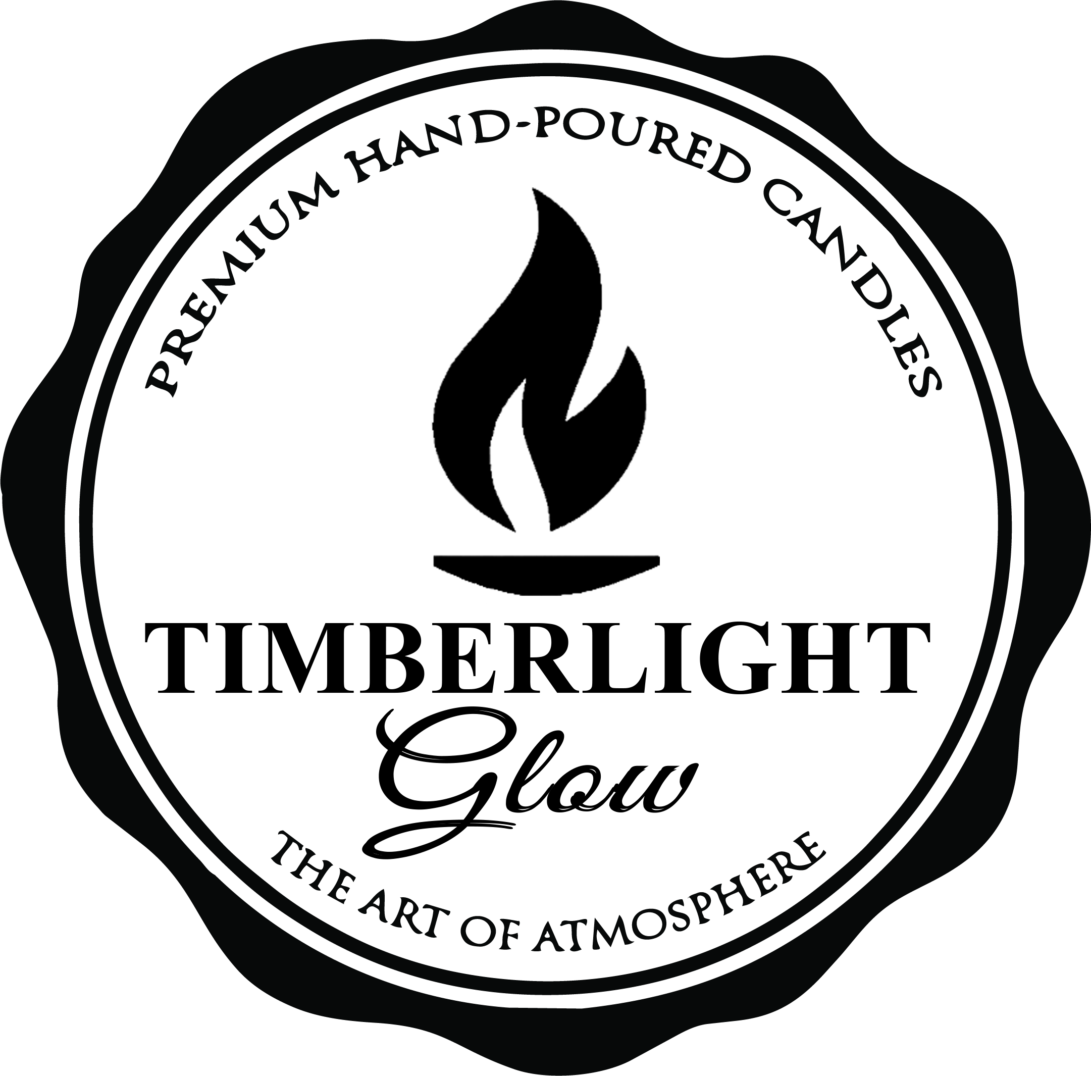 A black circular wax seal with the words "PREMIUM HAND-POURED CANDLES" at the top and "THE ART OF ATMOSPHERE" at the bottom, surrounding a blank space in the center.