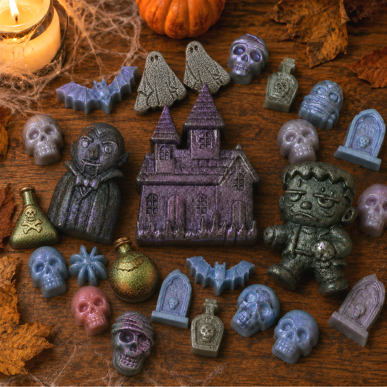 TimberLight Glow Halloween wax melt collection featuring spooky character-shaped melts with autumn leaves and candlelight.