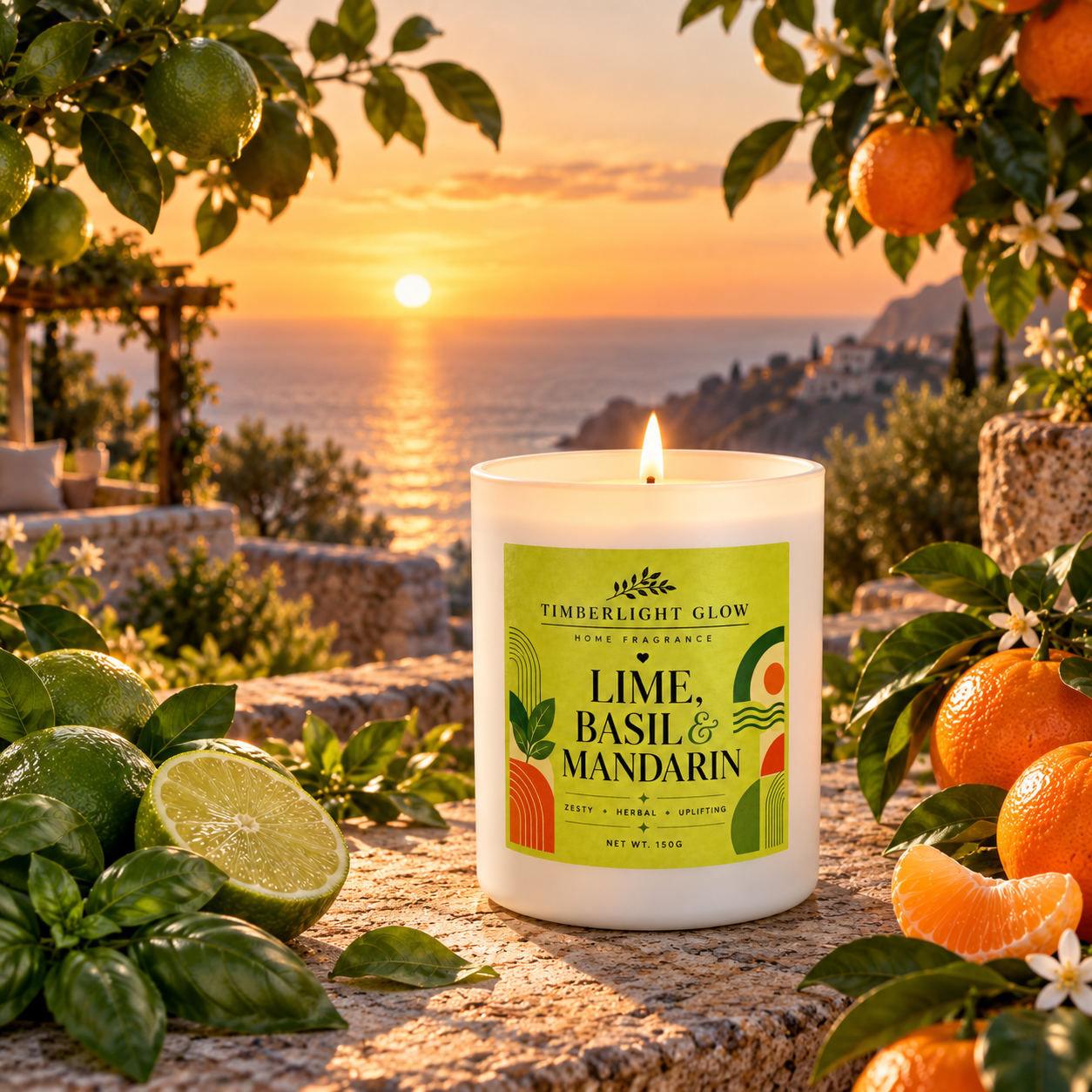 Lime, Basil & Mandarin candle with lime, mandarin and basil at sunset by the sea