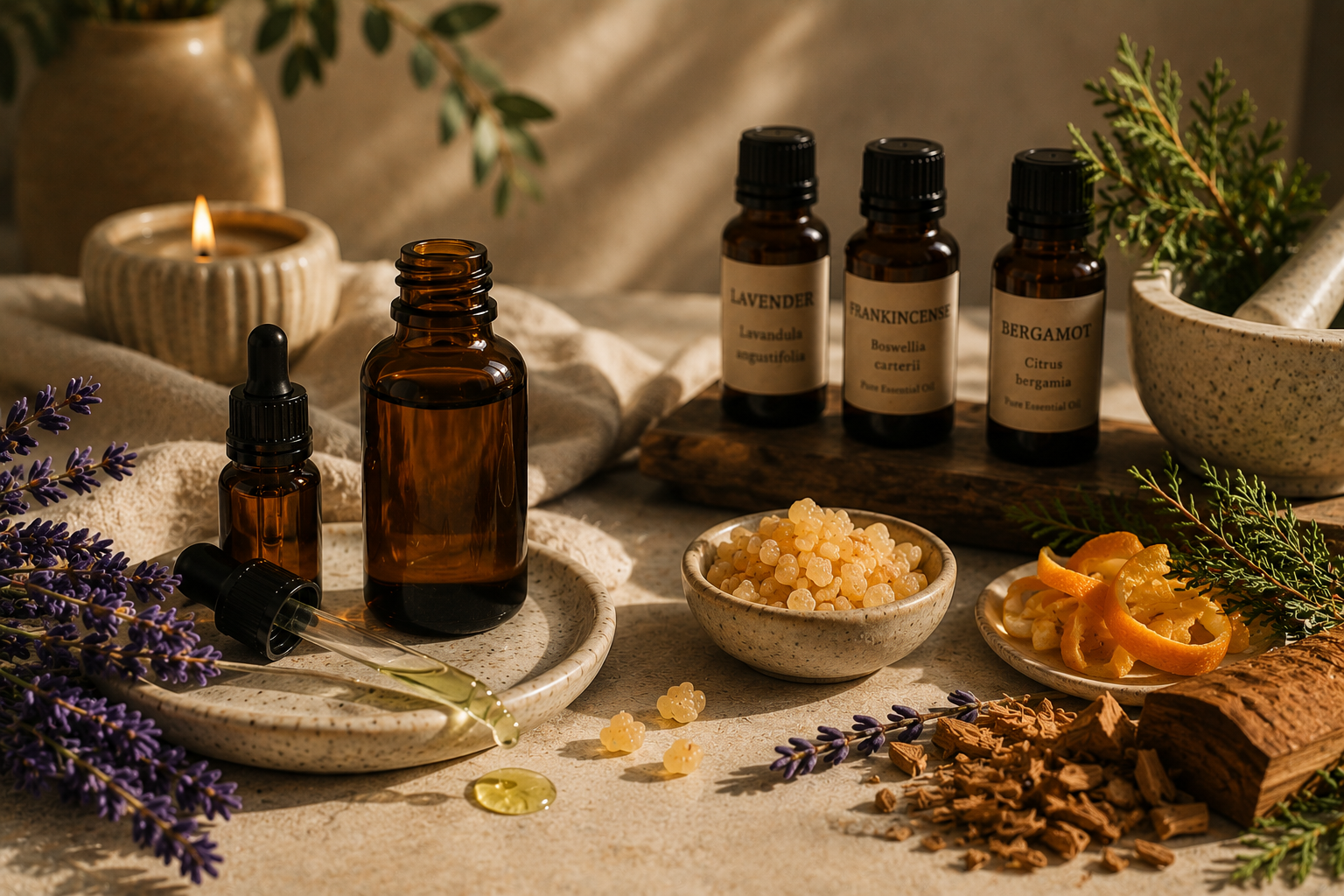 Amber bottles of lavender, frankincense and bergamot essential oils displayed with fresh lavender, frankincense resin, cedarwood and dried orange peel in a warm, spa-inspired aromatherapy setting.