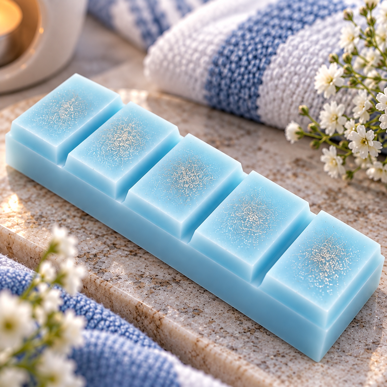 Blue Laundry pale blue wax melt snap bar with five individually breakable pieces.
