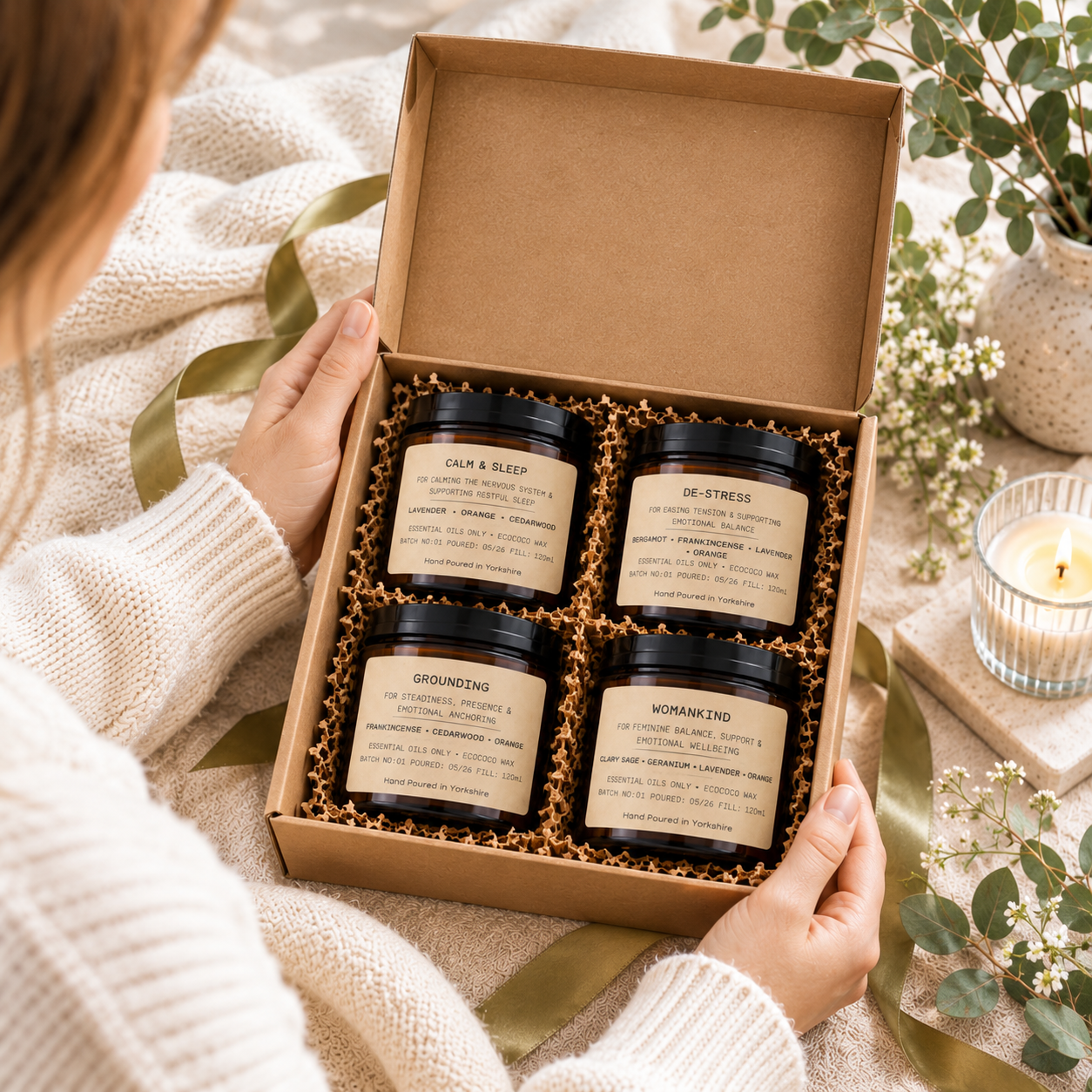 Woman holding the TimberLight Glow Discovery Set with four 120ml aromatherapy candles presented in a square kraft gift box.