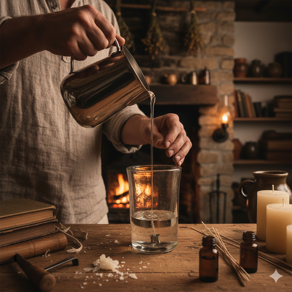 Man pouring wax candle in a rustic setting.