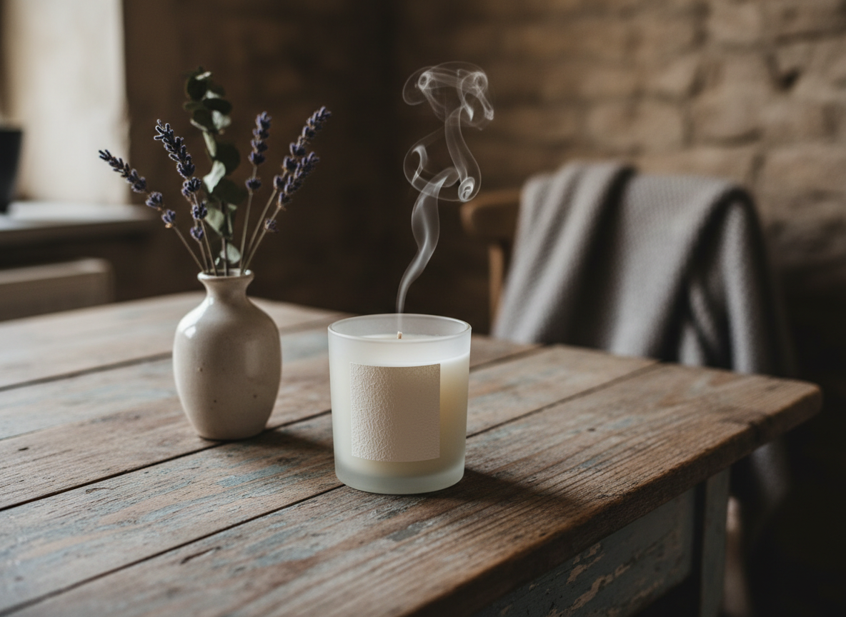 A lit white candle with a wick emitting smoke on a wooden table, next to a beige vase with lavender flowers, in a cozy rustic interior.