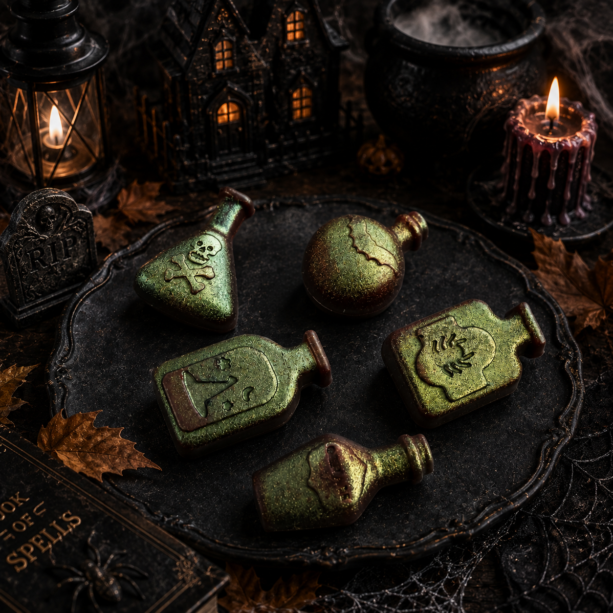 Halloween potion bottle wax melts in a candlelit gothic setting