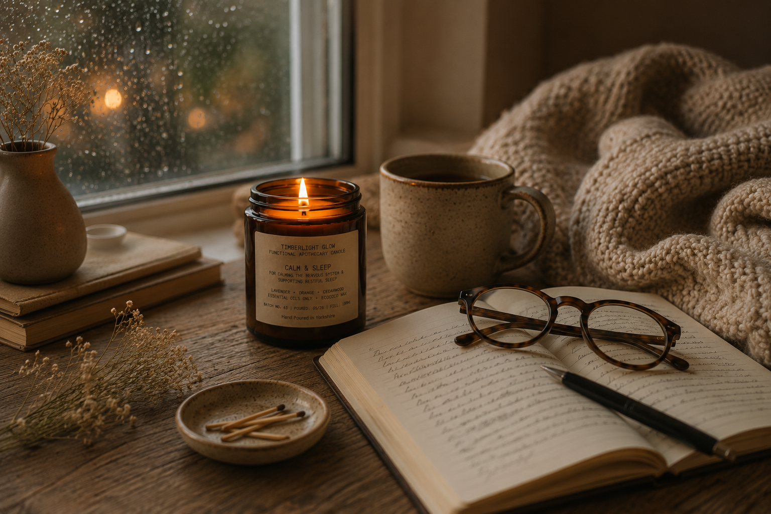 Lit TimberLight Glow aromatherapy candle beside an open journal, ceramic mug, reading glasses and knitted blanket on a wooden table by a rain-covered window.