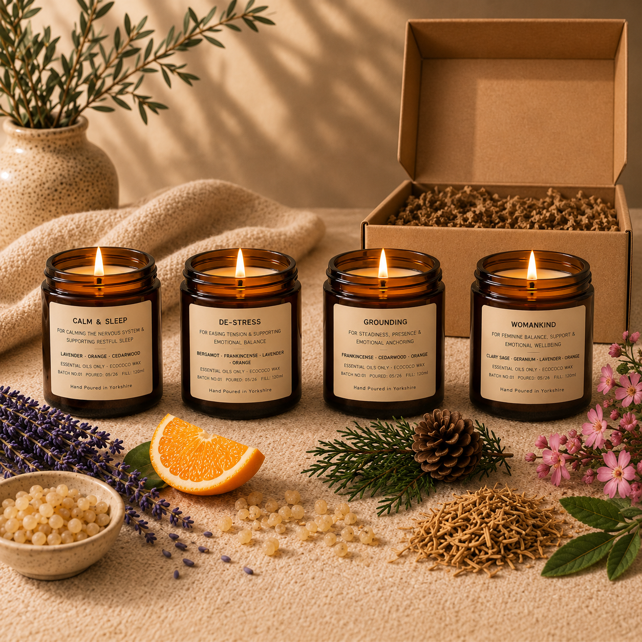Four TimberLight Glow 120ml aromatherapy candles displayed with their open kraft Discovery Set gift box and natural botanicals.