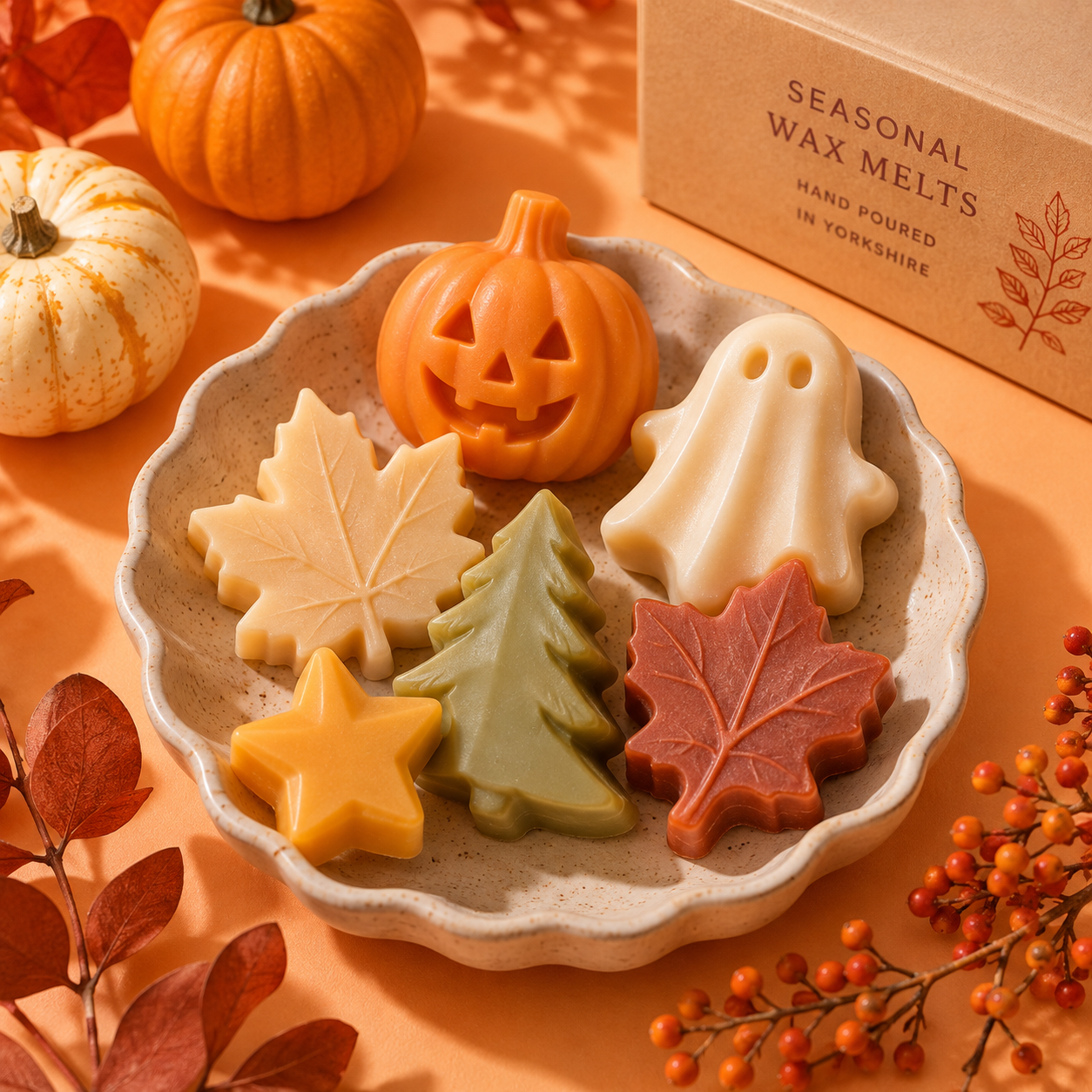A ceramic plate with Halloween-themed soap bars shaped like a pumpkin, ghost, maple leaf, star, and Christmas tree, surrounded by small pumpkins, autumn leaves, and berries on a peach-colored background.