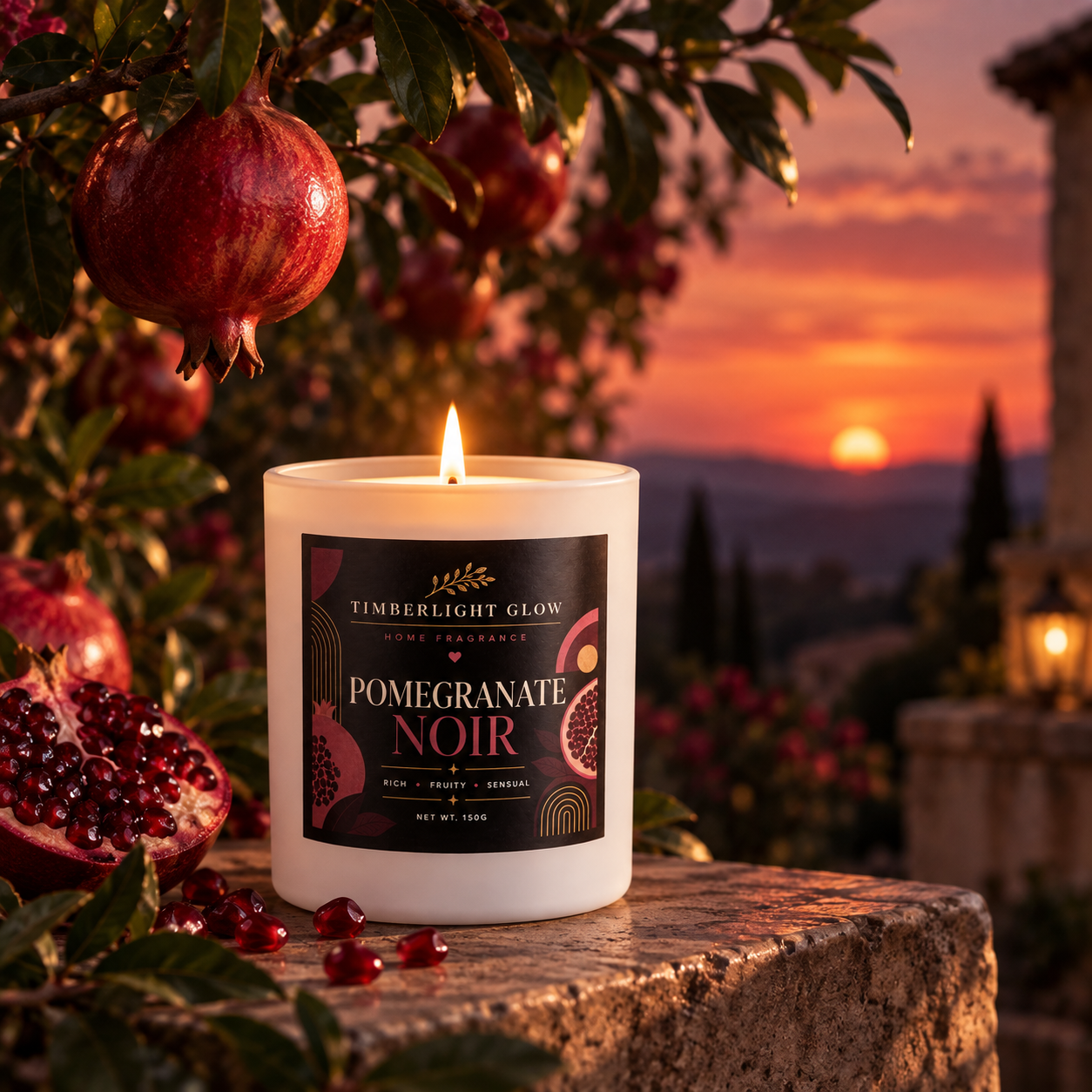 Pomegranate Noir candle beneath a pomegranate tree at sunset