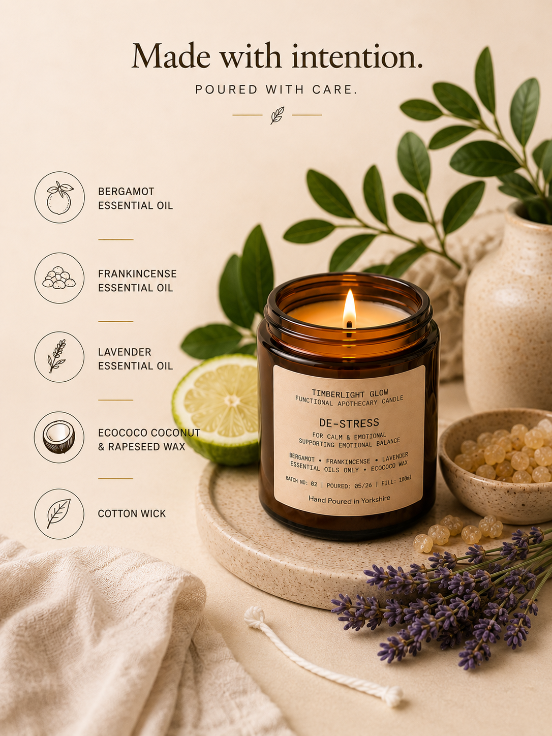 TimberLight Glow De-Stress aromatherapy candle with bergamot, frankincense, lavender and sweet orange botanicals.