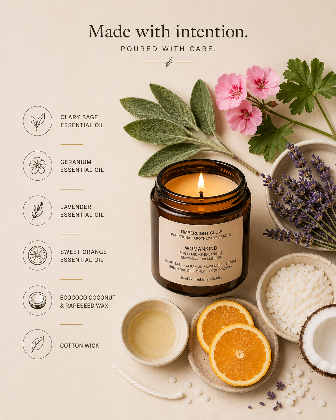 WomanKind candle ingredients including clary sage, geranium and lavender essential oils.
