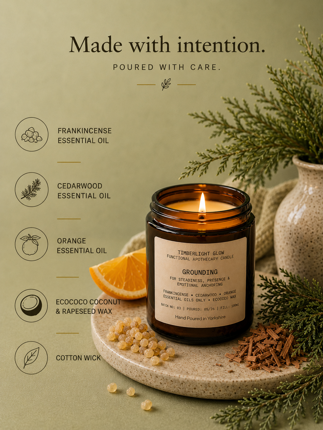 TimberLight Glow Grounding aromatherapy candle with frankincense, cedarwood and sweet orange botanicals.