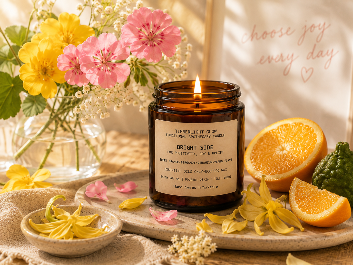TimberLight Glow Bright Side aromatherapy candle with sweet orange, bergamot, geranium and ylang ylang botanicals.