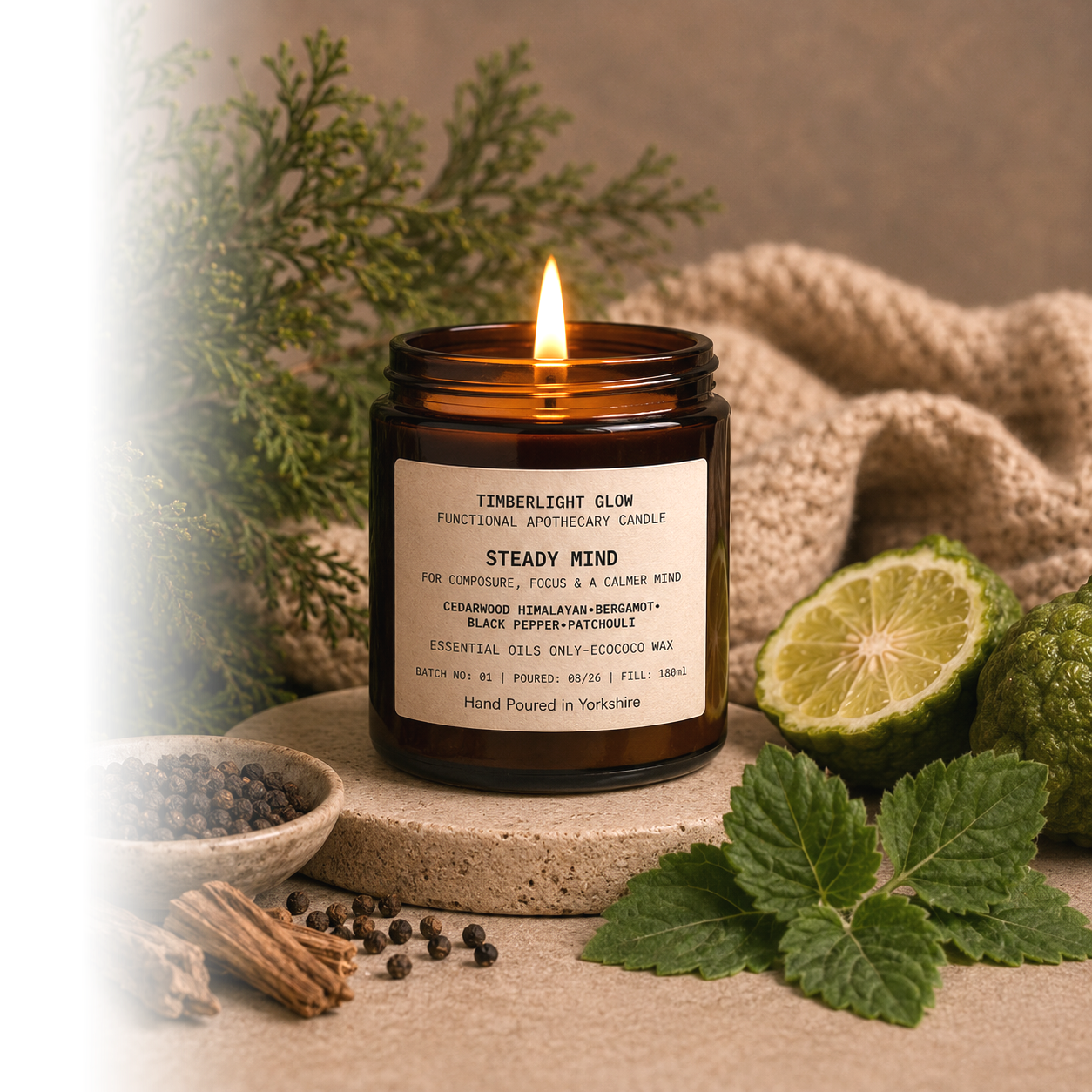Lit TimberLight Glow Steady Mind aromatherapy candle with Himalayan cedarwood, bergamot, black pepper and patchouli botanicals.