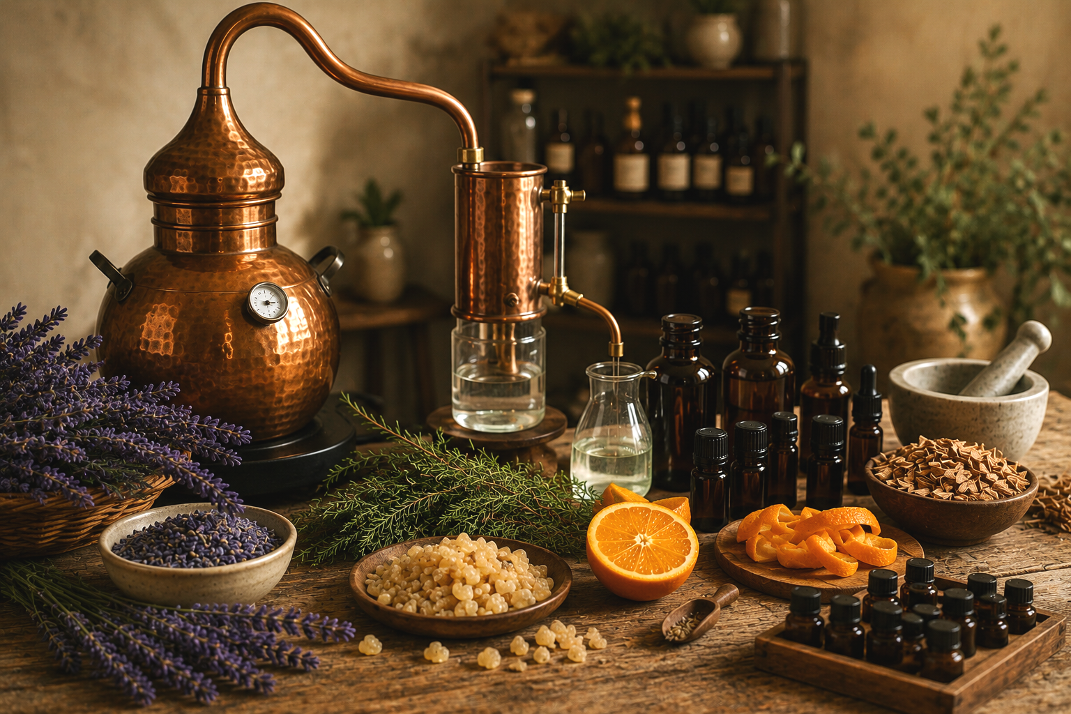Traditional essential oil distillation equipment with fresh botanicals, amber bottles and natural plant materials on a wooden workbench.