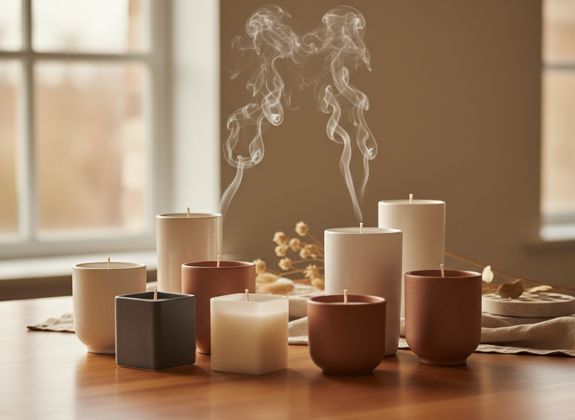 Various candles on a wooden table, some emitting smoke