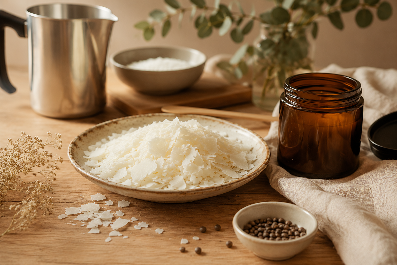 Coconut and rapeseed wax flakes beside an amber glass candle jar, pouring jug and natural candle-making ingredients on a wooden workbench.