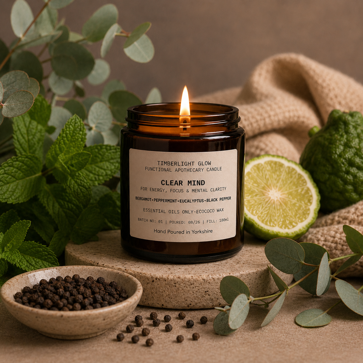 TimberLight Glow Clear Mind aromatherapy candle with bergamot, peppermint, eucalyptus and black pepper botanicals.