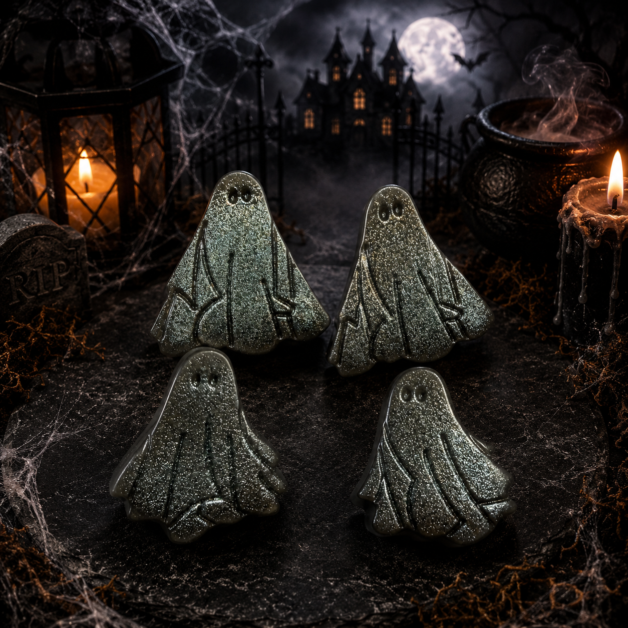 Ghost-shaped Halloween wax melts with haunted house and candlelight