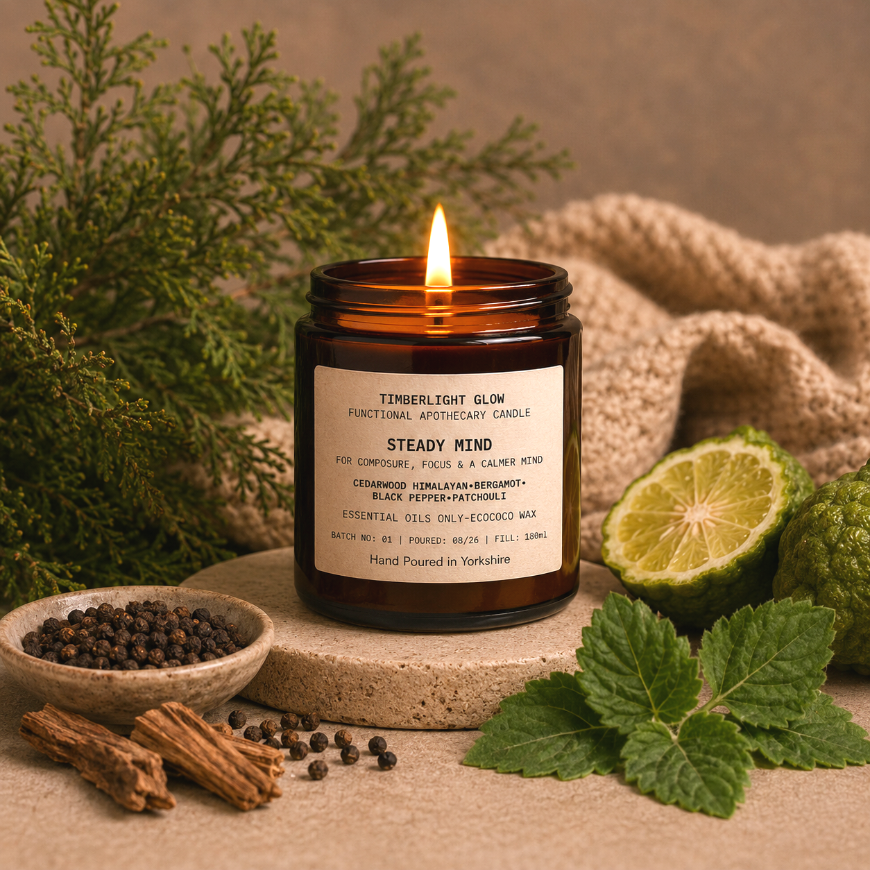 TimberLight Glow Steady Mind functional apothecary candle in an amber glass jar.