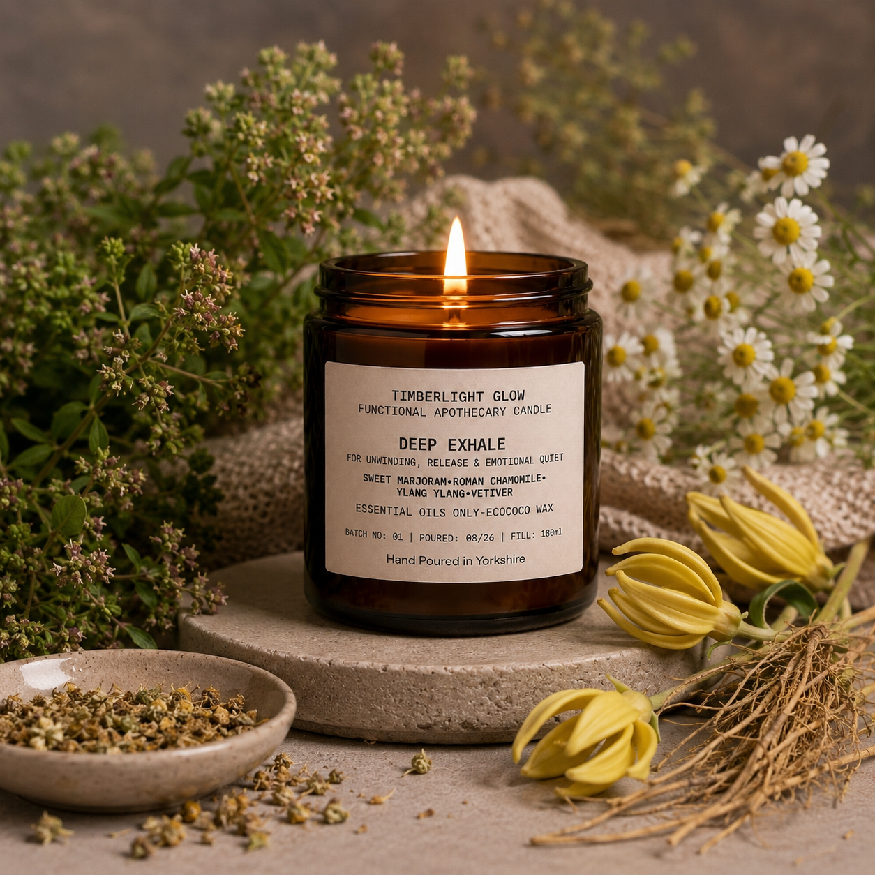TimberLight Glow Deep Exhale aromatherapy candle with sweet marjoram, Roman chamomile, ylang ylang and vetiver botanicals.
