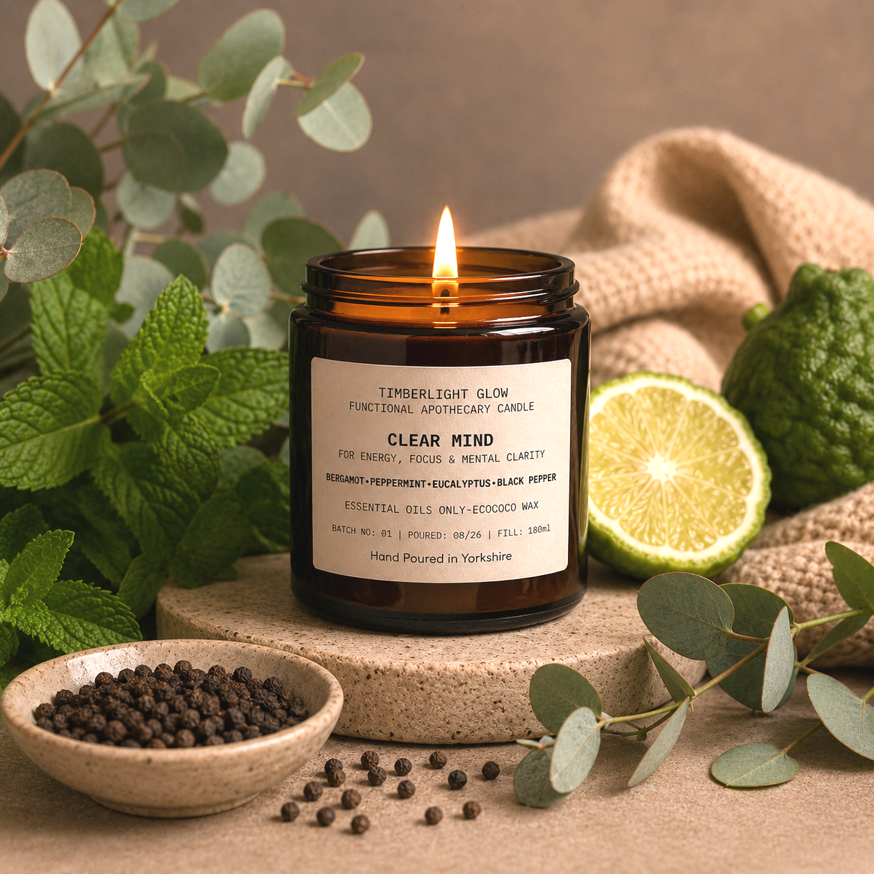 TimberLight Glow Clear Mind functional apothecary candle in an amber glass jar.