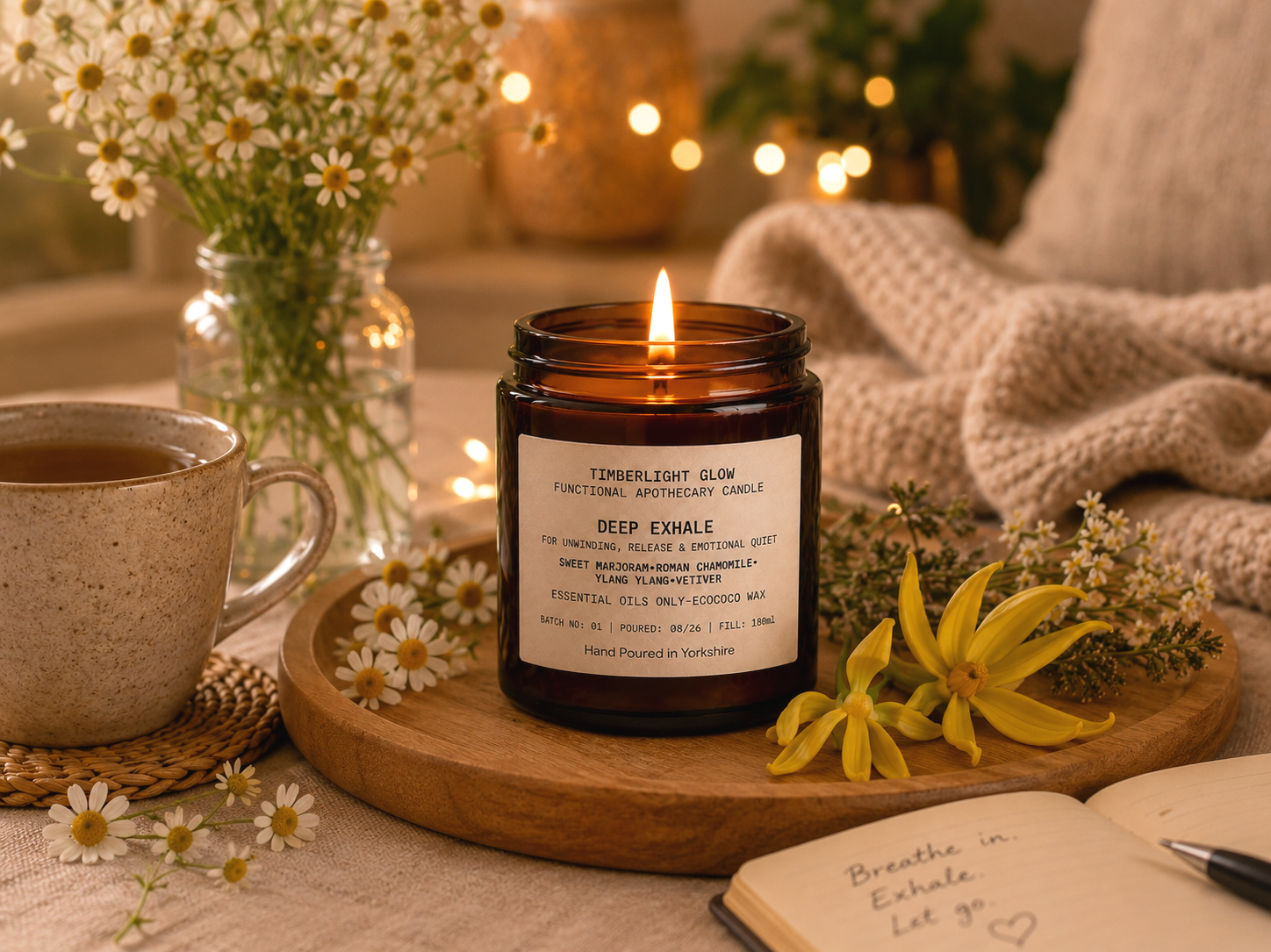 TimberLight Glow Deep Exhale aromatherapy candle with sweet marjoram, Roman chamomile, ylang ylang and vetiver botanicals.