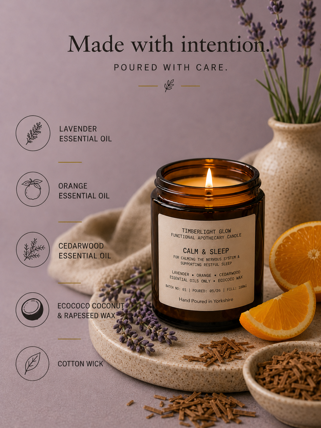 TimberLight Glow Calm & Sleep aromatherapy candle with lavender, sweet orange and cedarwood botanicals.