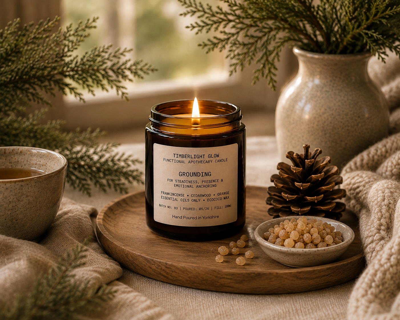 TimberLight Glow Grounding aromatherapy candle with frankincense, cedarwood and sweet orange botanicals.
